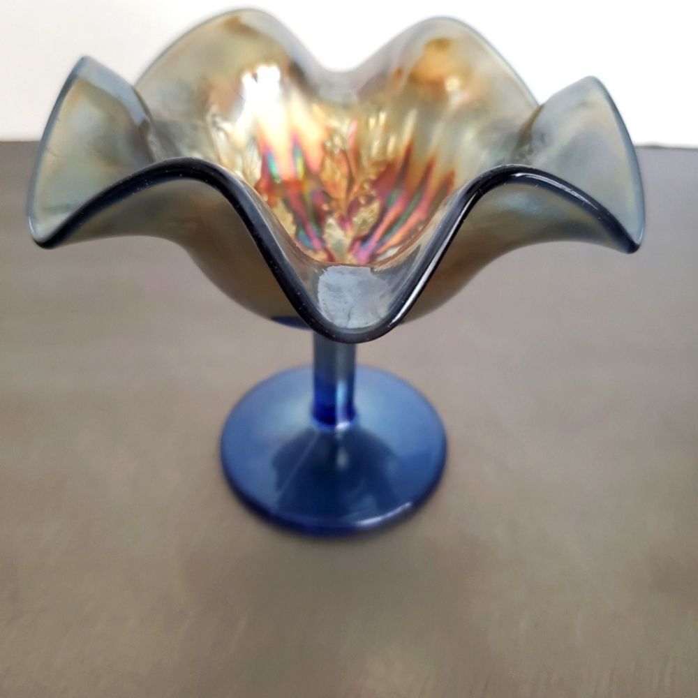 Vintage Fenton Cobalt Carnival Glass Ruffle Compote Rib Holly Footed Jelly Dish